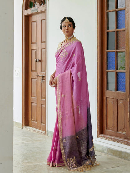 Pink Tussar Silk Saree With Zari Buta