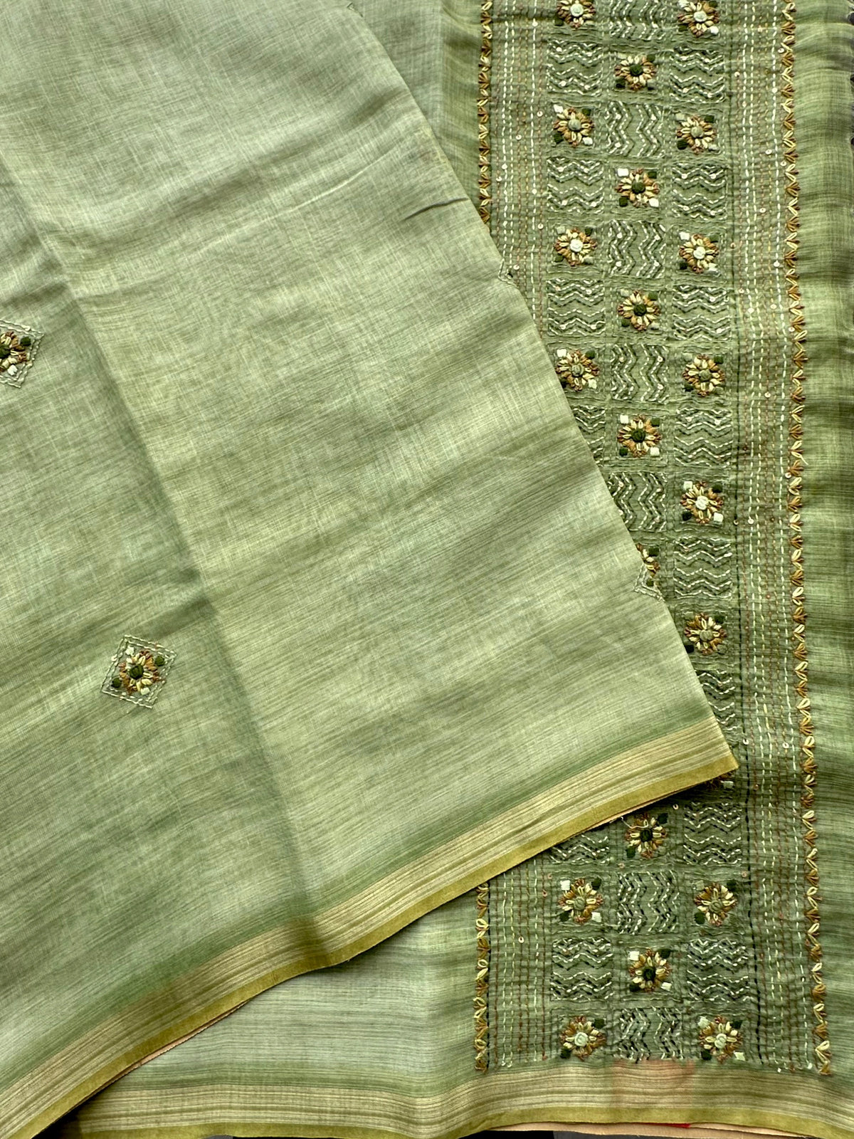 Green Blended Cotton Saree with Hand Embroidery