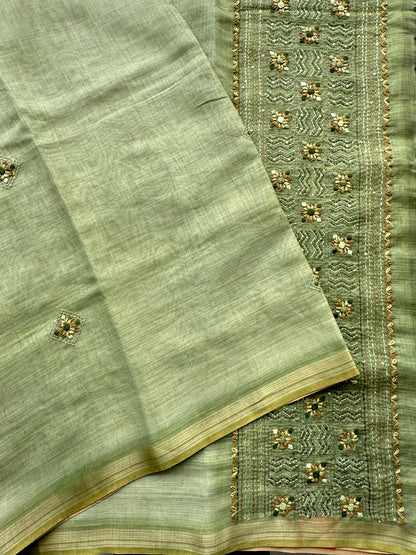 Green Blended Cotton Saree with Hand Embroidery