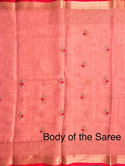 Peach Blended Cotton Saree with embroidery