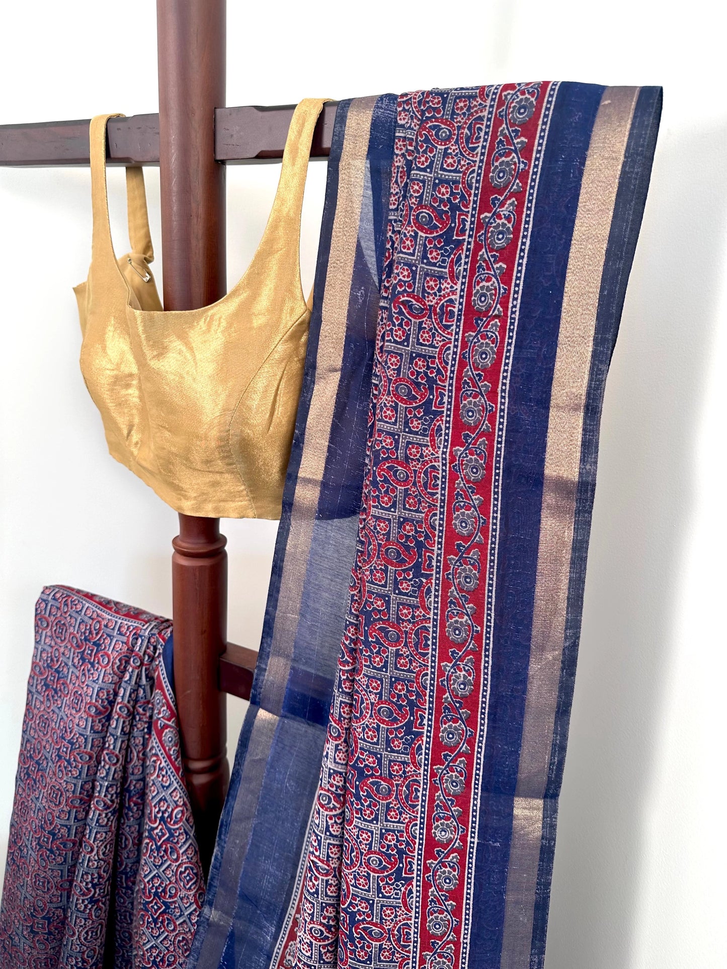 Navy Blue Ajrakh Print Cotton Blend Saree