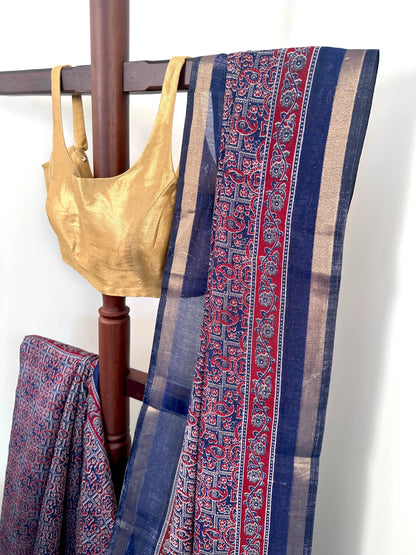 Navy Blue Ajrakh Print Cotton Blend Saree
