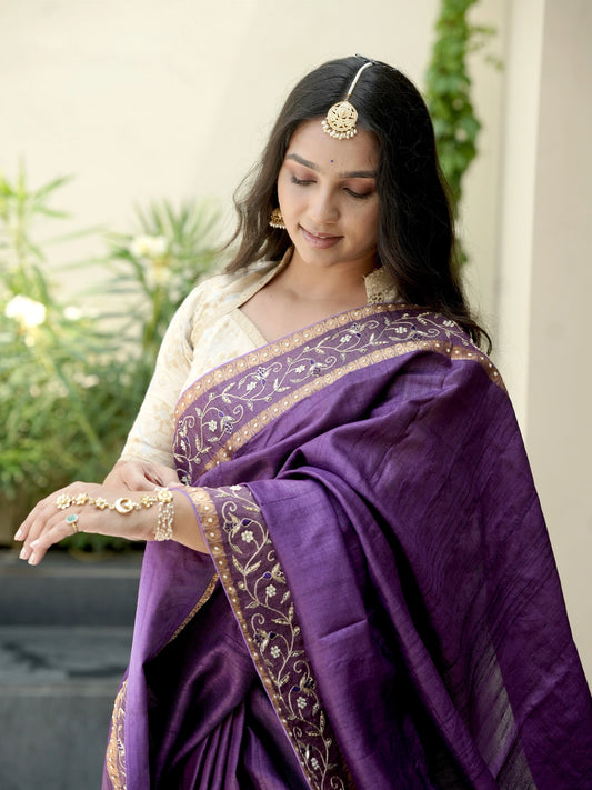 Purple Zardozi Work Pure Tussar Silk Saree