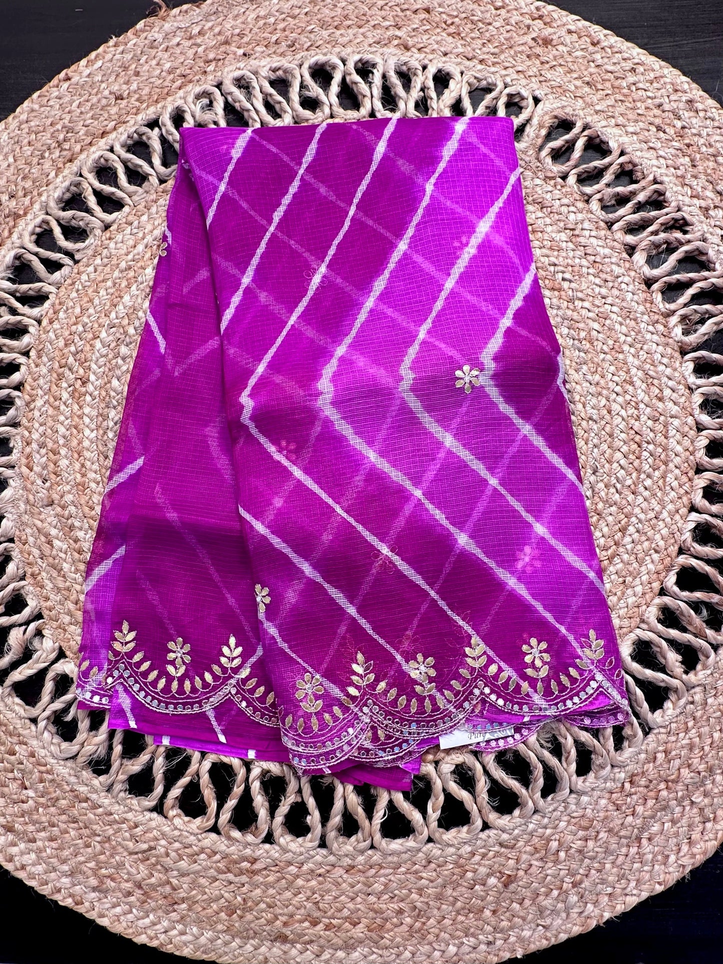 Purple Maitreyi Leheriya-Bandhej Kota Doria Pure Silk Saree With Gota Patti Work