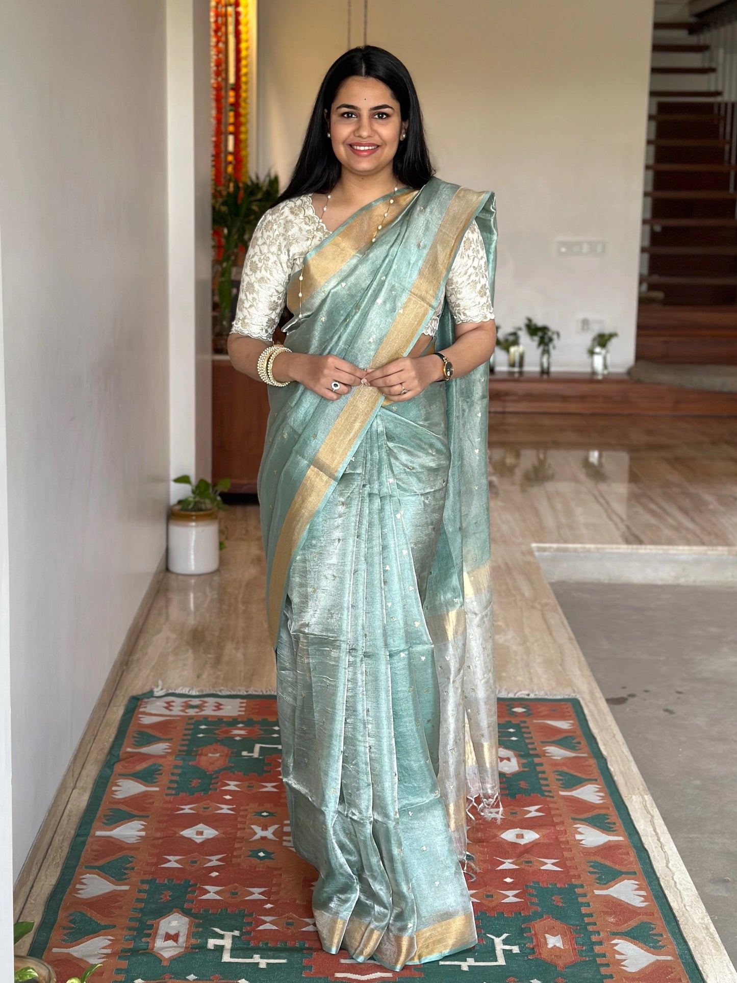 Sea Green -Silver Pure Tissue Silk Saree