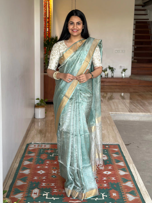 Sea Green -Silver Pure Tissue Silk Saree