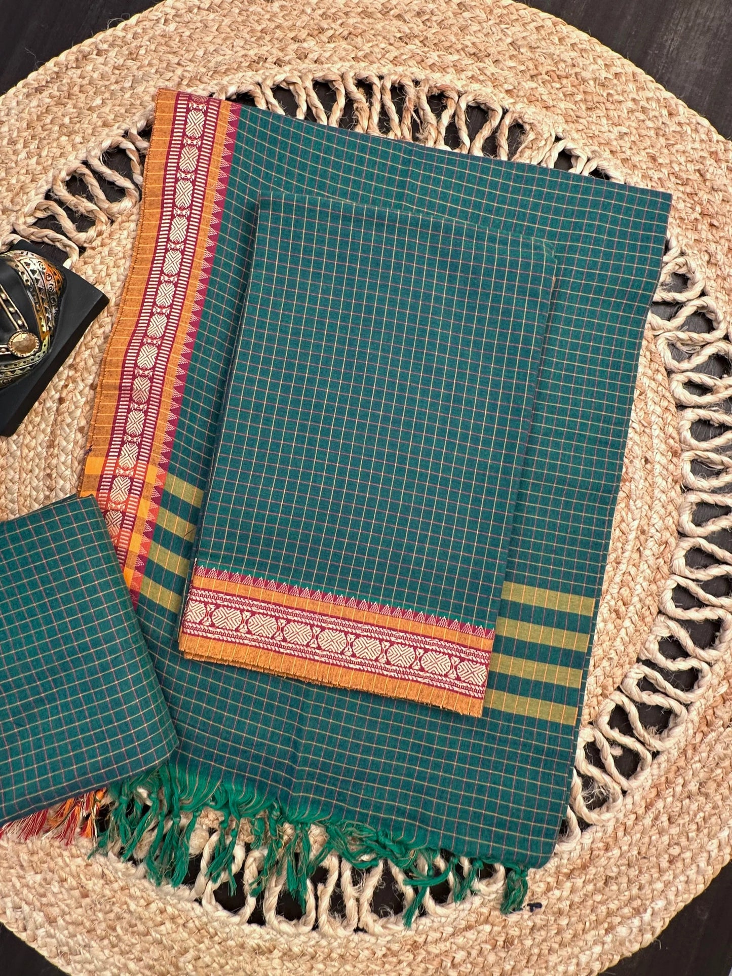 Bottle Green Checkered Dharwad South Cotton 3-Piece Suit