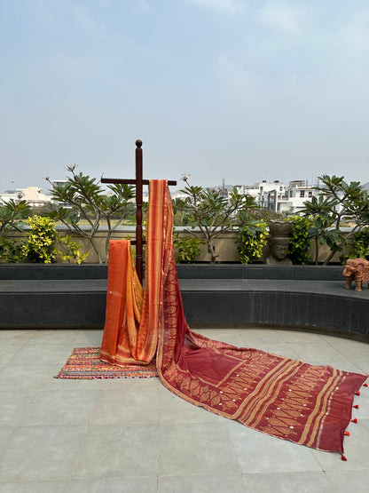 Rust-Maroon Block Print Chanderi Saree With Kaantha Stitches