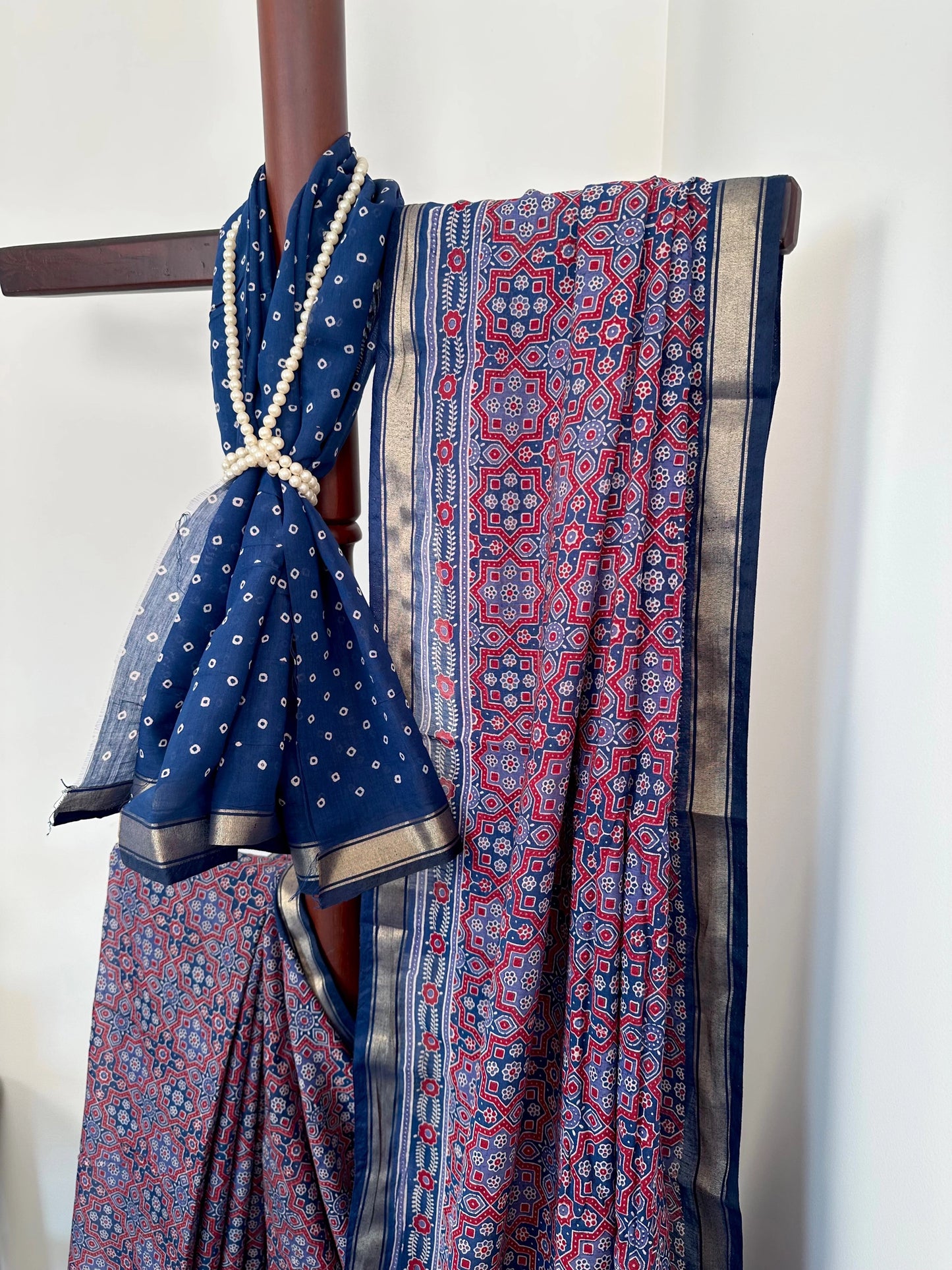 Navy Blue Ajrakh Print Cotton Blend Saree