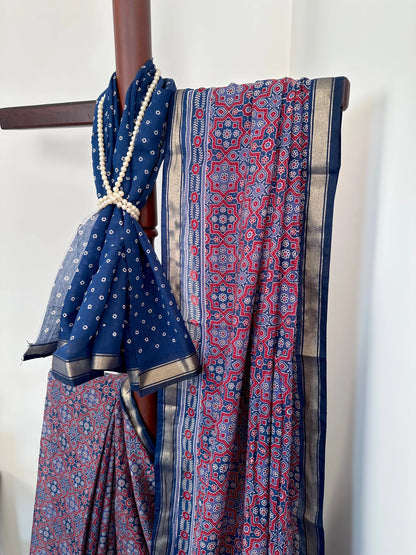 Navy Blue Ajrakh Print Cotton Blend Saree