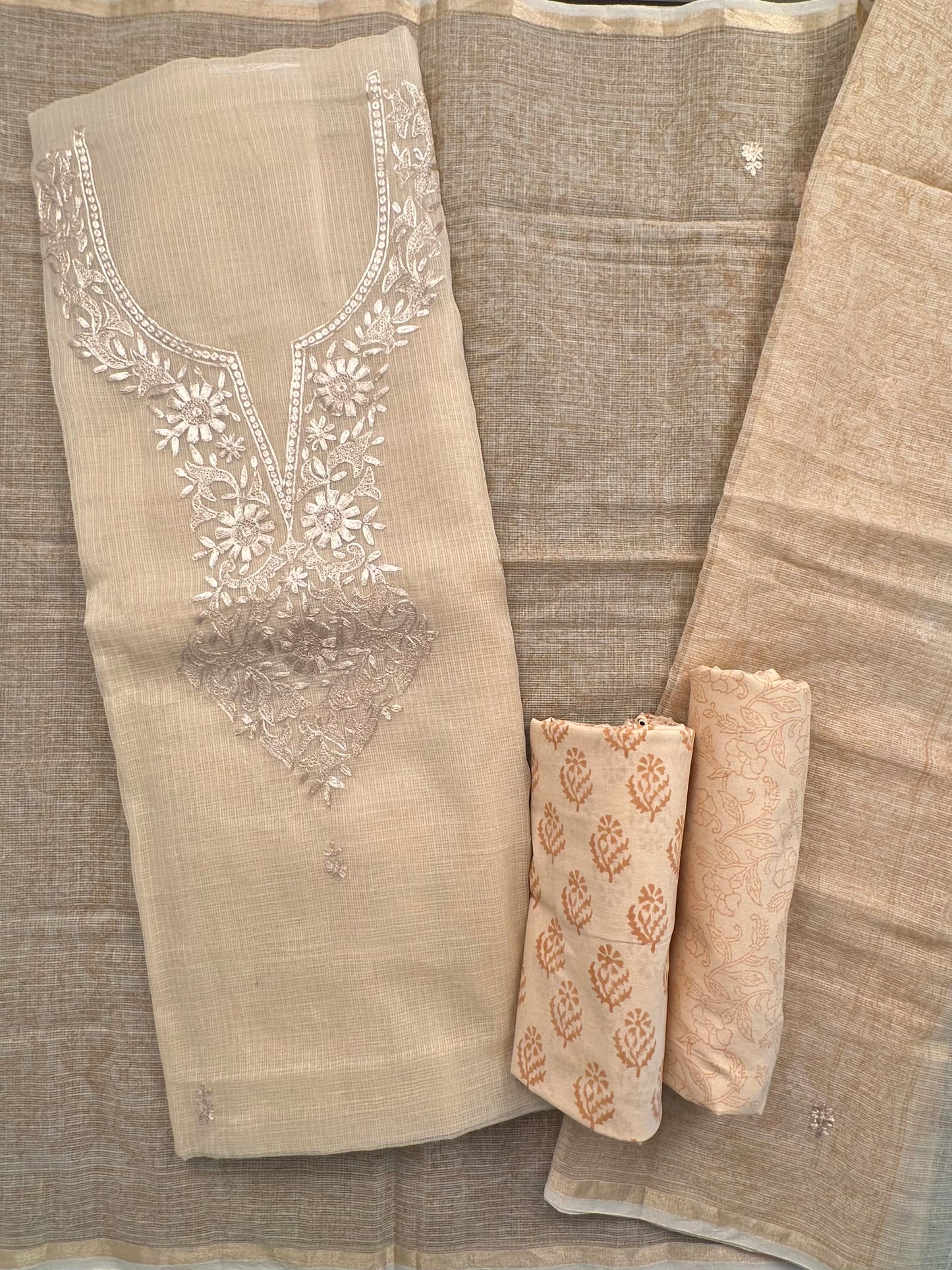 Beige  4-Piece Kota Doria Cotton Unstitched Suit