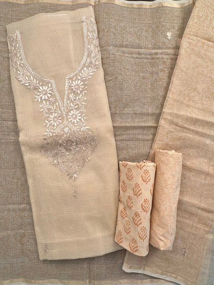 Beige  4-Piece Kota Doria Cotton Unstitched Suit