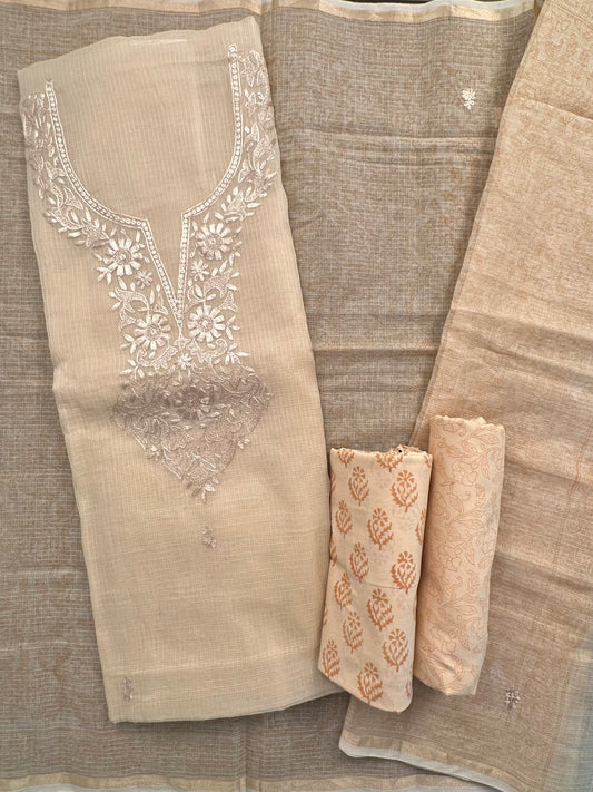 Beige  4-Piece Kota Doria Cotton Unstitched Suit