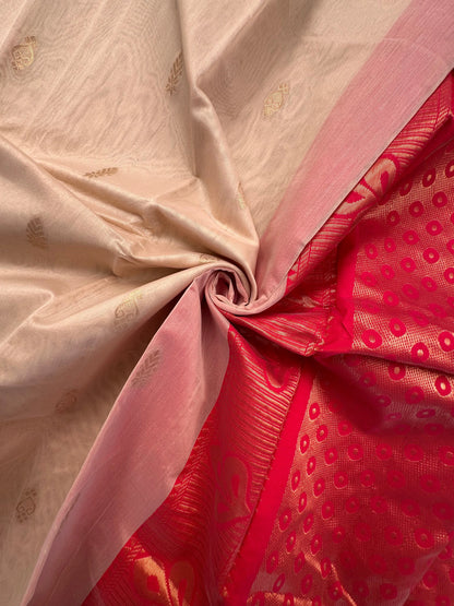Beige-Red Pure Cotton Saree