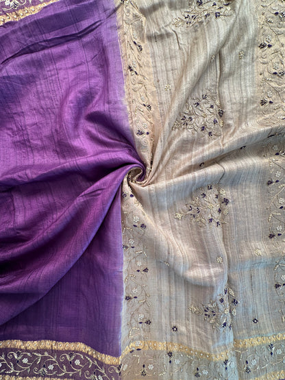 Purple Zardozi Work Pure Tussar Silk Saree