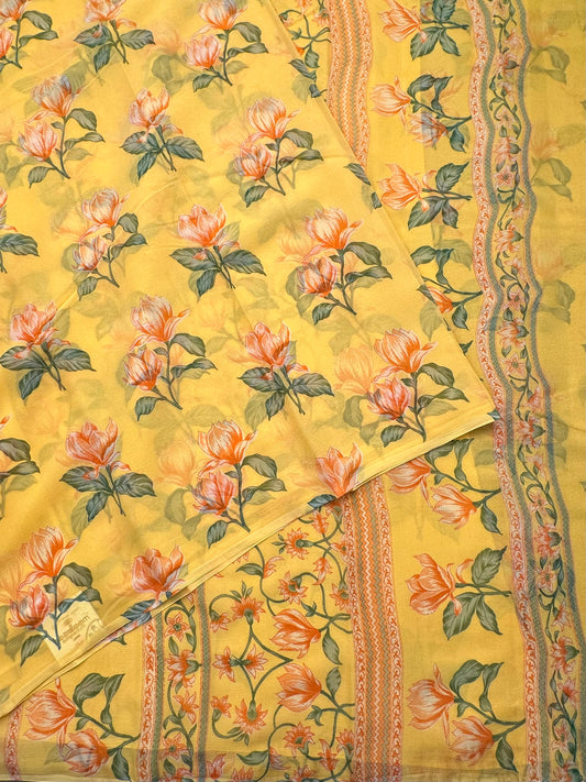Yellow Floral Print Chiffon Saree