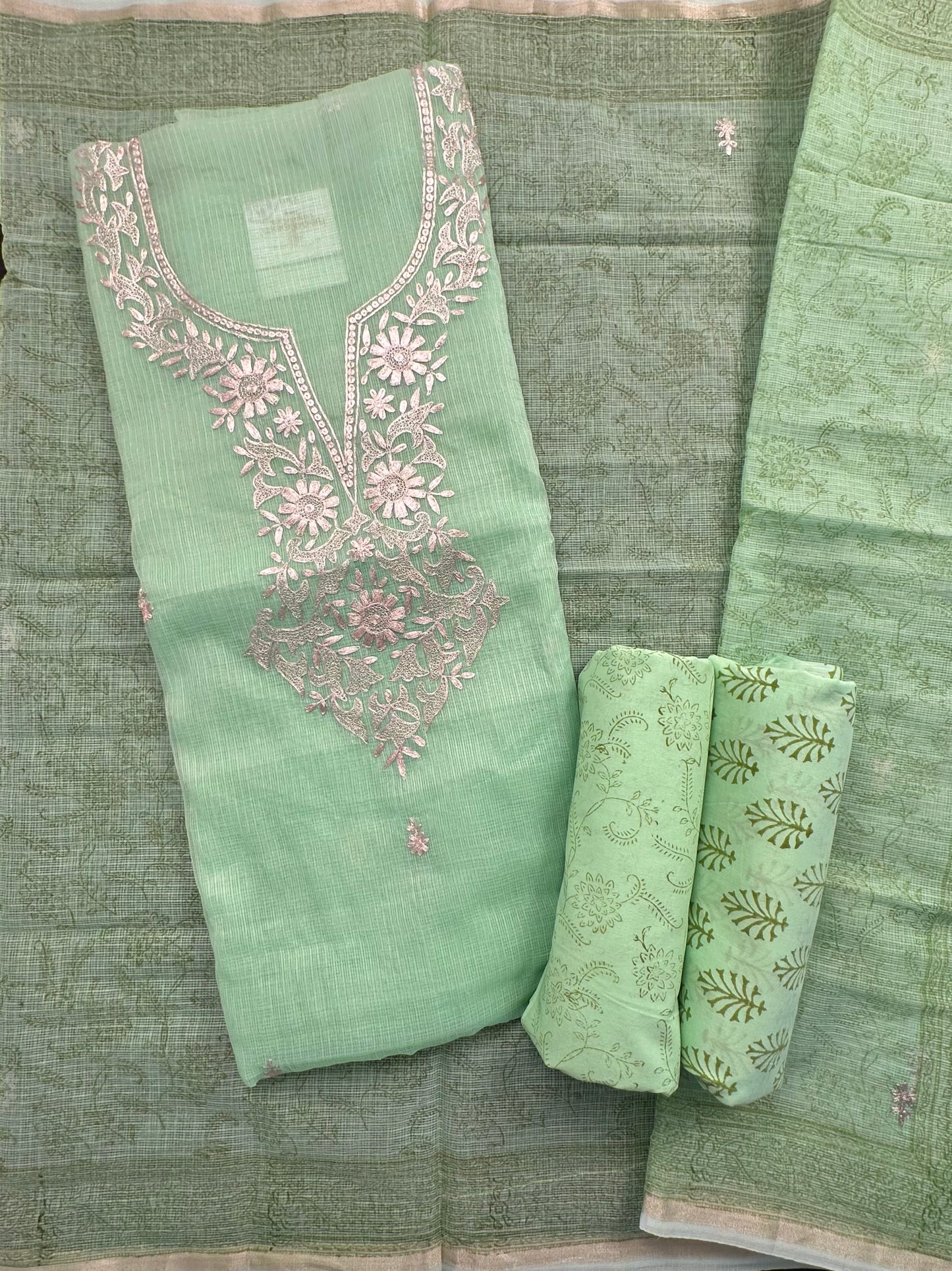 Parrot Green 4-Piece Kota Doria Cotton Unstitched Suit