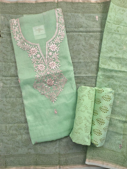 Parrot Green 4-Piece Kota Doria Cotton Unstitched Suit