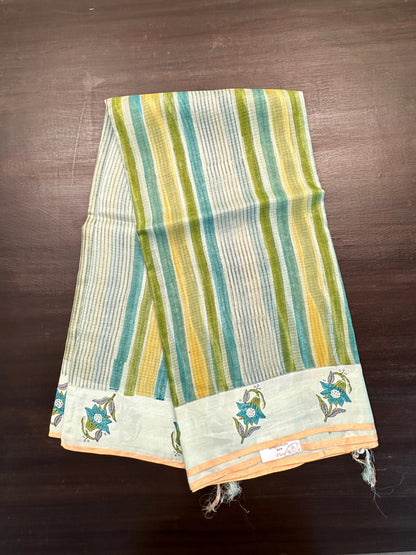 Sea Green-Multi Colour Hand Block-Print Pure Kota Doria Silk Saree