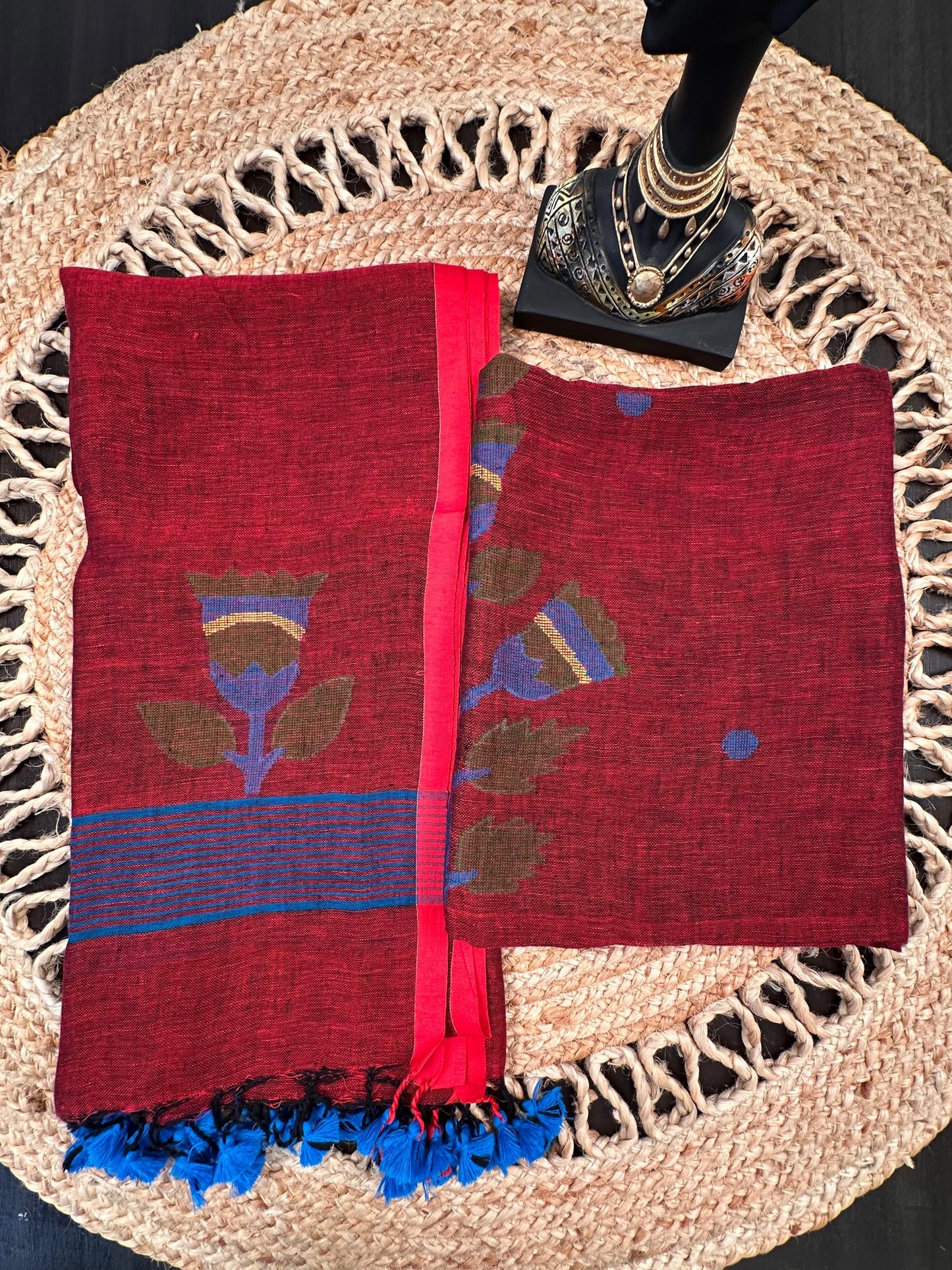 Maroon Linen Dhakai 2 Piece Kurta Dupatta Unstitched Set
