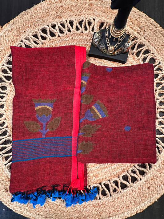 Maroon Linen Dhakai 2 Piece Kurta Dupatta Unstitched Set