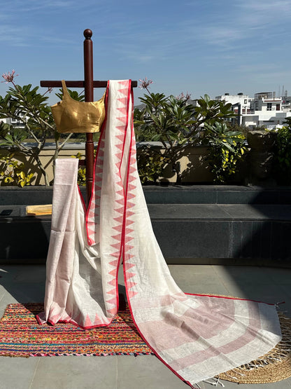 Off White-Red Linen Saree