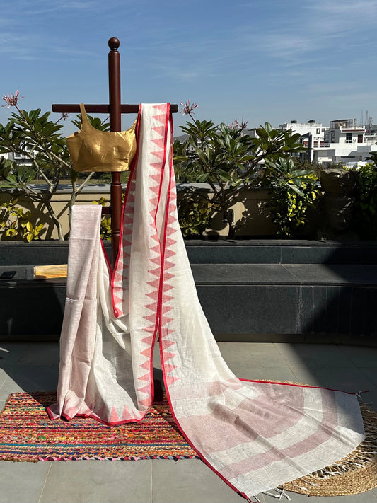 Off White-Red Linen Saree