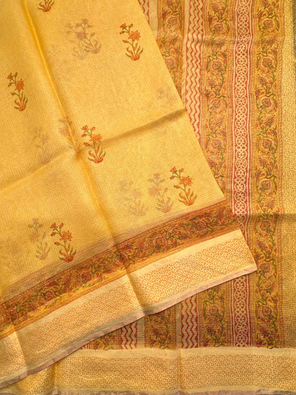 Yellow Hand Block-Print Pure Kota Doria Silk Saree