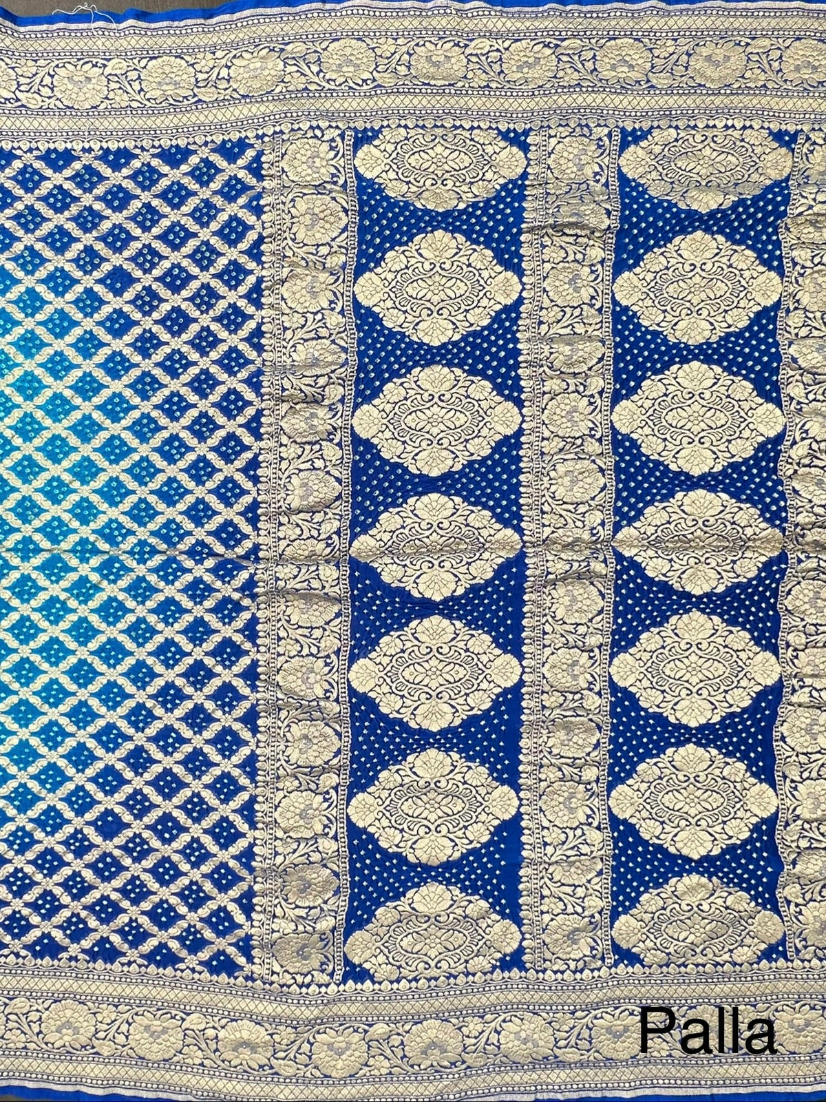 Firozi-Royal Blue Gharchola Bandhej Pure Georgette Saree