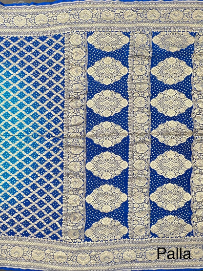 Firozi-Royal Blue Gharchola Bandhej Pure Georgette Saree