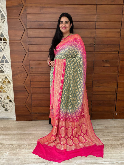 Grey-Rani Gharchola Bandhej Pure Georgette Saree