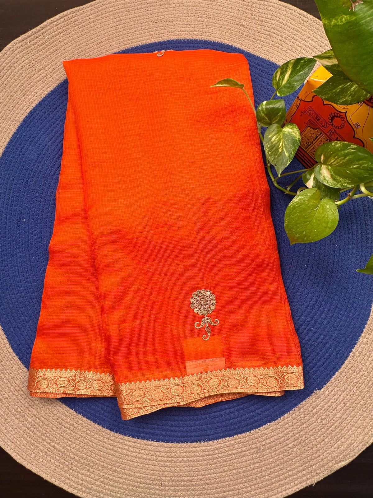 Orange Kota Doria Pure Silk Saree With Hand Work