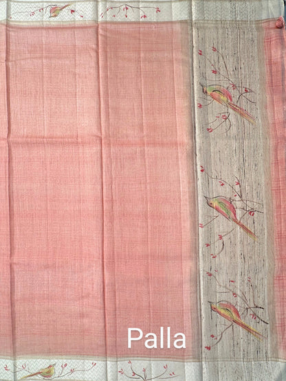Peach Hand Print Muga Silk Saree