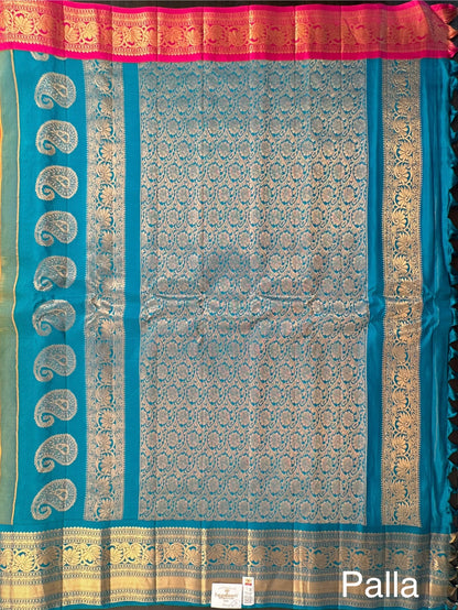 Orange-Rama Green Gadwal Pure Silk Saree