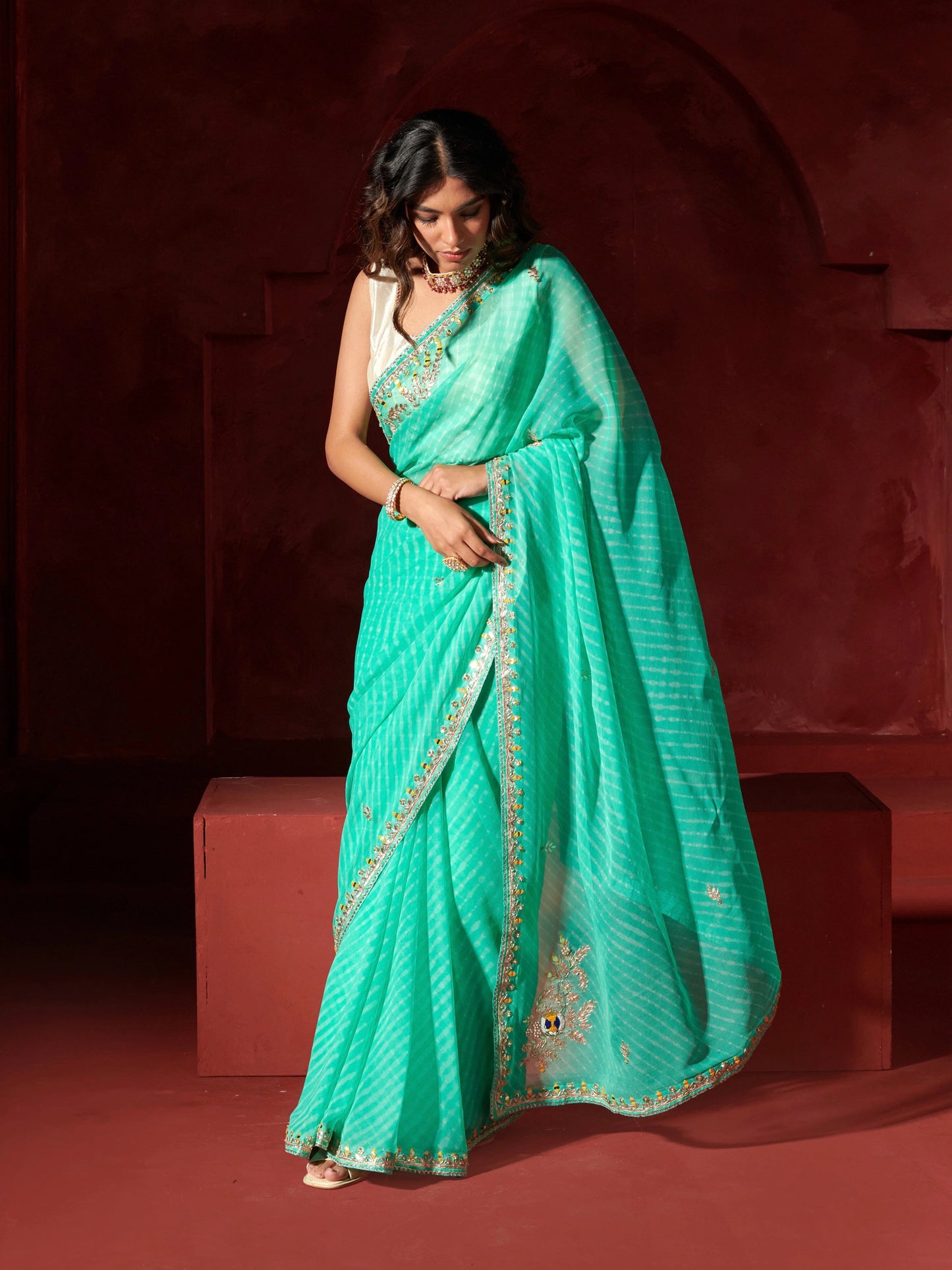 Sea Green Chatai Motra Georgette Saree With Gota Patti Work
