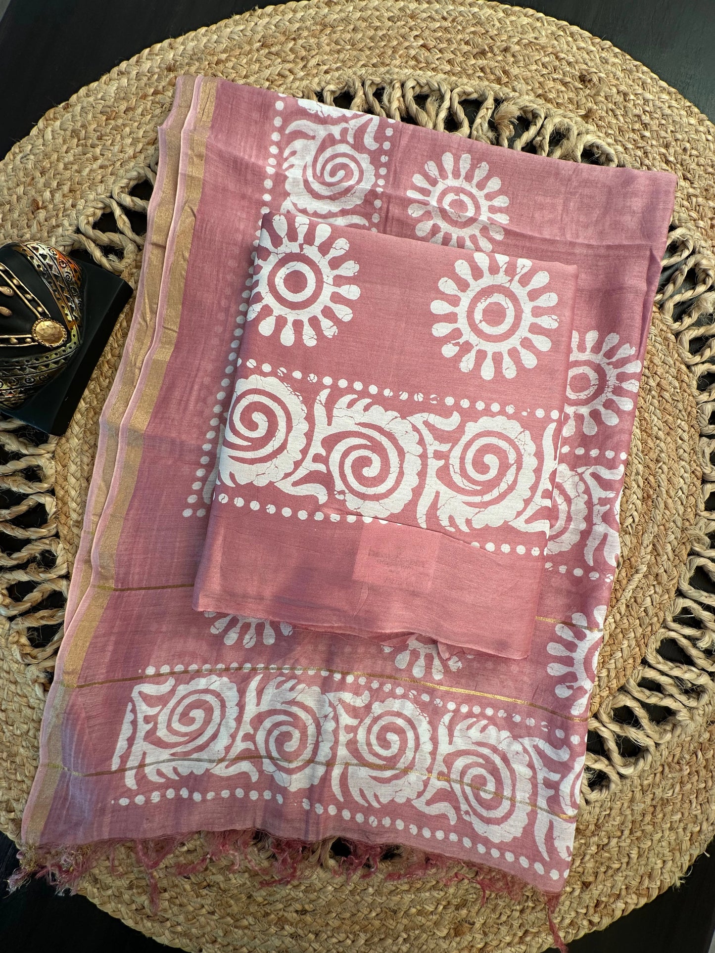 Pink Printed Chanderi 3-Piece Unstitched Suit