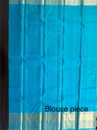 Blue-Firozi Handloom Kanjivaram Pure Silk Saree