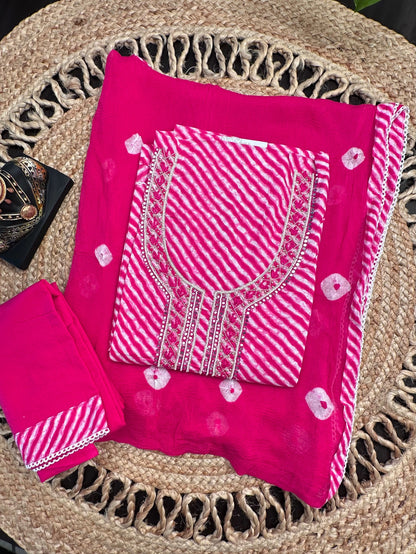 Rani Leheriya Jaipuri Cotton 3-Piece Unstitched Suit