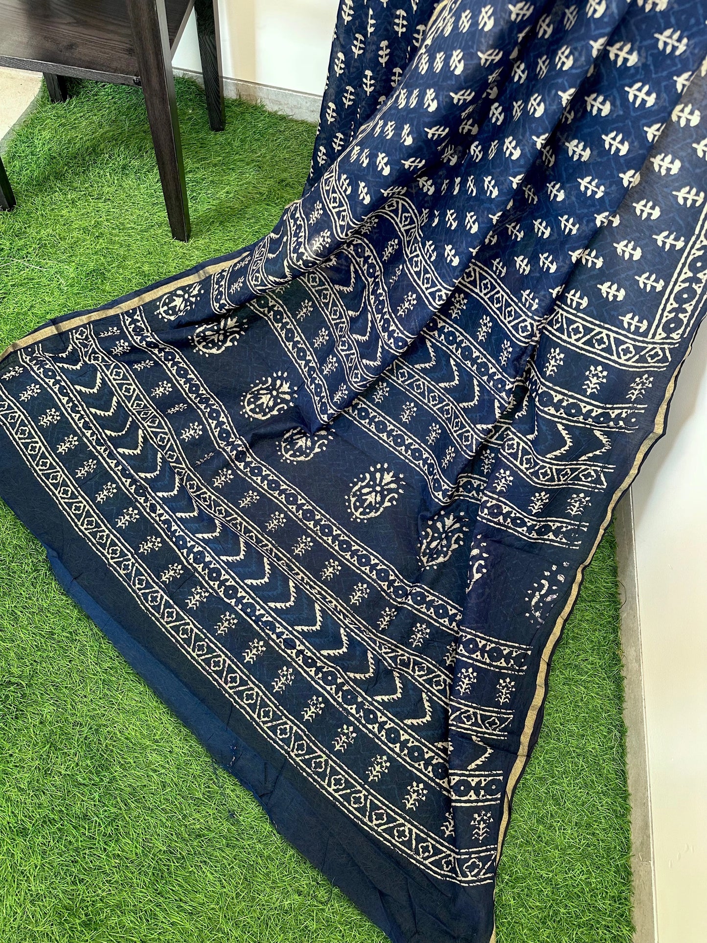 Indigo Blue Printed Cotton Blend Saree