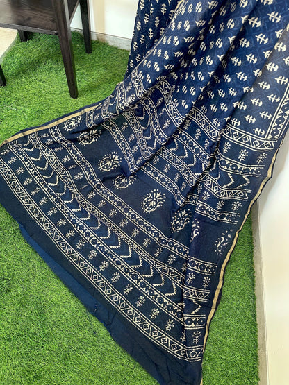 Indigo Blue Printed Cotton Blend Saree