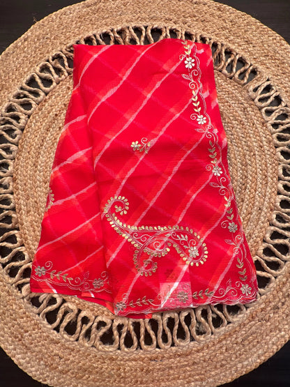 Red-Orange Kyra Leheriya Kota Doria Pure Silk Saree With Gota Patti Work