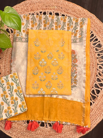 Yellow Chanderi Khadi Hand Block Printed 3-Piece Unstitched Suit
