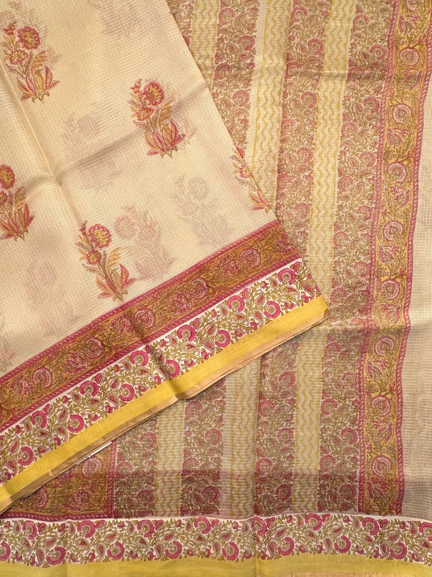 Pale Beige Hand Block-Print Kota Doria Pure Silk Saree
