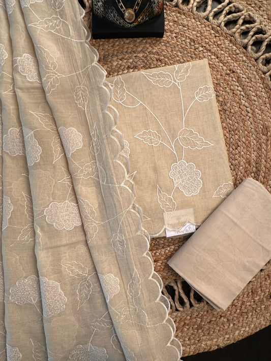 Light Beige Cotton Chanderi 3-Piece Unstitched Suit