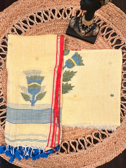 Pale Yellow Linen Dhakai 2 Piece Kurta Dupatta Unstitched Set