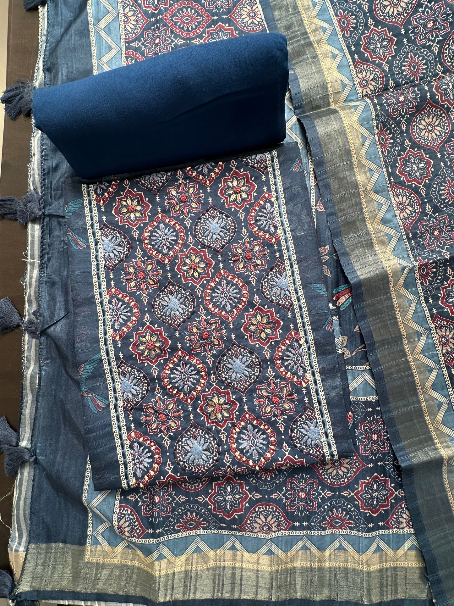 Navy Blue Fancy Cotton 3-Piece Suit