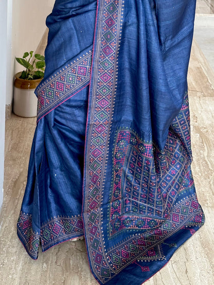 Navy Blue Pure Tussar Silk Saree With Embroidery