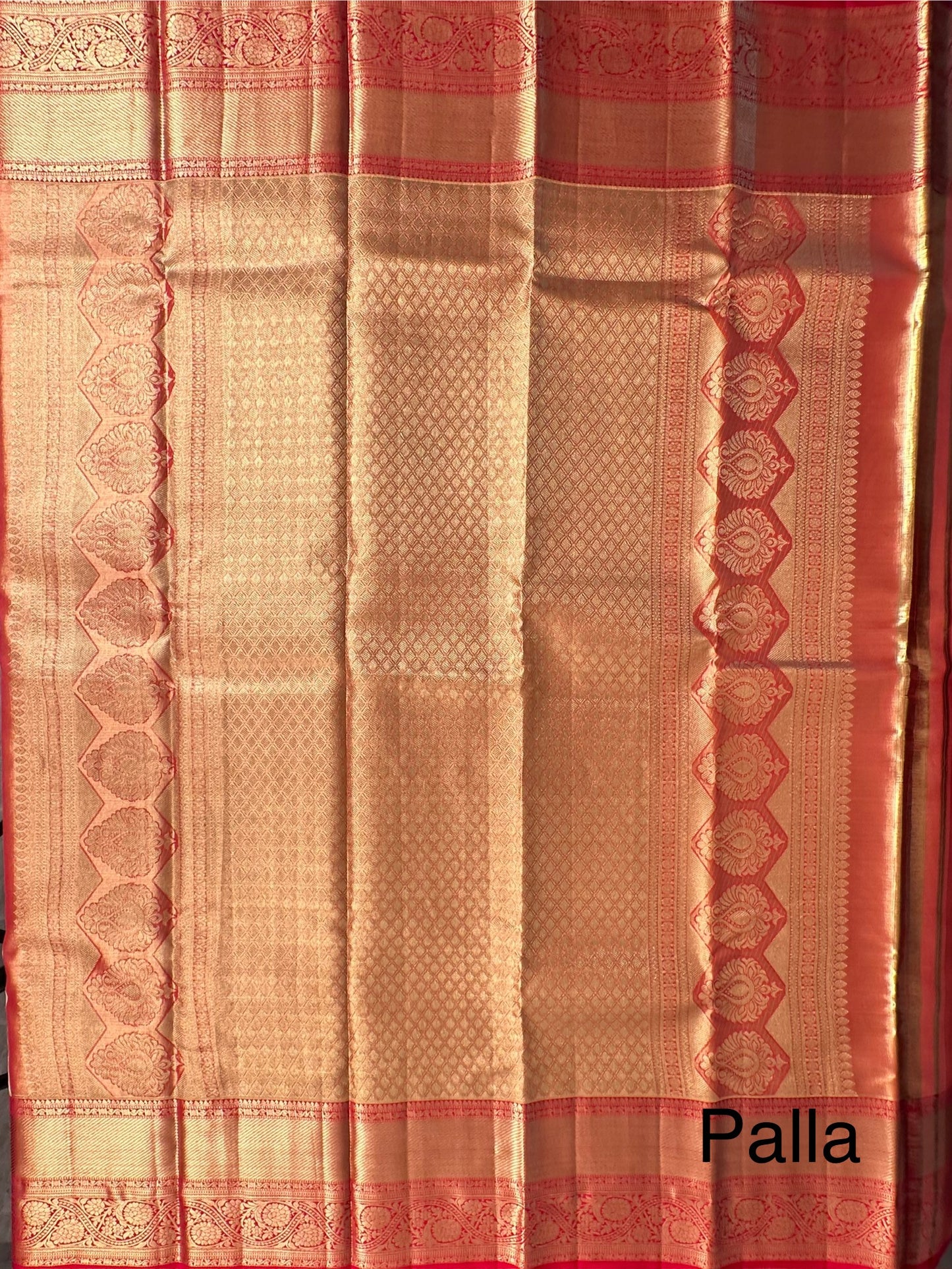 Golden - Red  Handloom Kanjivaram Jamawar Pure Tissue Silk Saree
