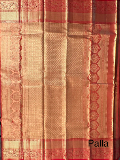 Golden - Red  Handloom Kanjivaram Jamawar Pure Tissue Silk Saree