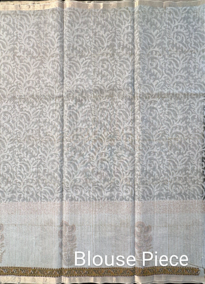 Off White-Dark Grey Block Printed Kota Doria Cotton Saree